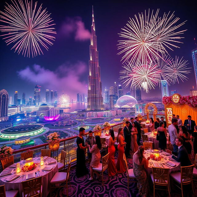 An extravagant Dubai New Year celebration in 2024/2025, showcasing a dazzling fireworks display over the iconic Burj Khalifa, with vibrant colors lighting up the night sky