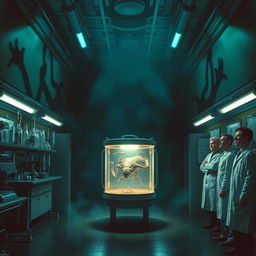 A gripping and dynamic sci-fi scene depicting a mysterious laboratory filled with high-tech equipment and ominous lighting