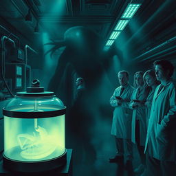 A gripping and dynamic sci-fi scene depicting a mysterious laboratory filled with high-tech equipment and ominous lighting