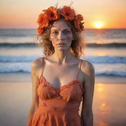 Zombie woman in a tattered, dirty, old orange sundress, wearing a beautiful flower headpiece, staring at a brilliant sunset on a beach, with details of waves and shoreline, in a double exposure style. High-definition, 36k professional photography.