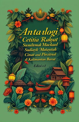 An enchanting book cover design for 'Antologi Cerita Rakyat Suku Dayak, Melayu dan Cina di Kalimantan Barat Edisi 1'