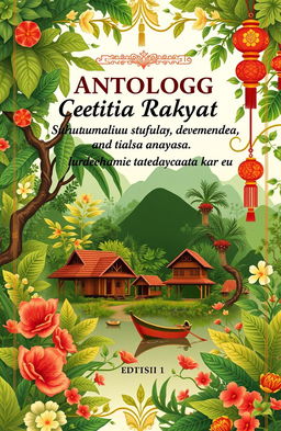 An enchanting book cover design for 'Antologi Cerita Rakyat Suku Dayak, Melayu dan Cina di Kalimantan Barat Edisi 1'