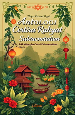 An enchanting book cover design for 'Antologi Cerita Rakyat Suku Dayak, Melayu dan Cina di Kalimantan Barat Edisi 1'