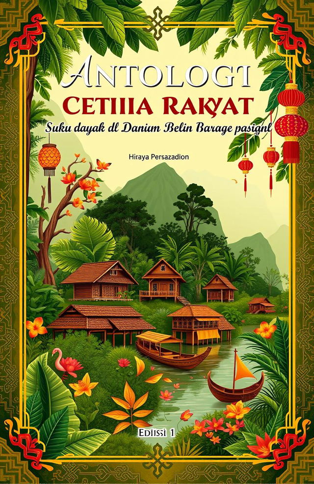 An enchanting book cover design for 'Antologi Cerita Rakyat Suku Dayak, Melayu dan Cina di Kalimantan Barat Edisi 1'