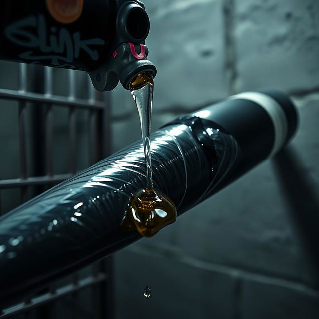 A detailed close-up of a large black baseball bat wrapped in clear plastic, in a dimly lit prison cell