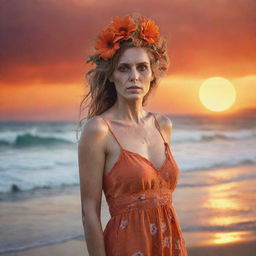 Zombie woman in a tattered, dirty, old orange sundress, wearing a beautiful flower headpiece, staring at a brilliant sunset on a beach, with details of waves and shoreline, in a double exposure style. High-definition, 36k professional photography.