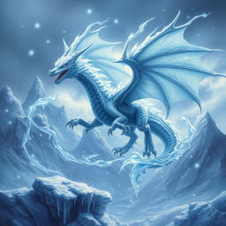 A magical ice dragon hovering majestically over a frozen landscape, surrounded by swirling snowflakes and icicles glistening in the cold light
