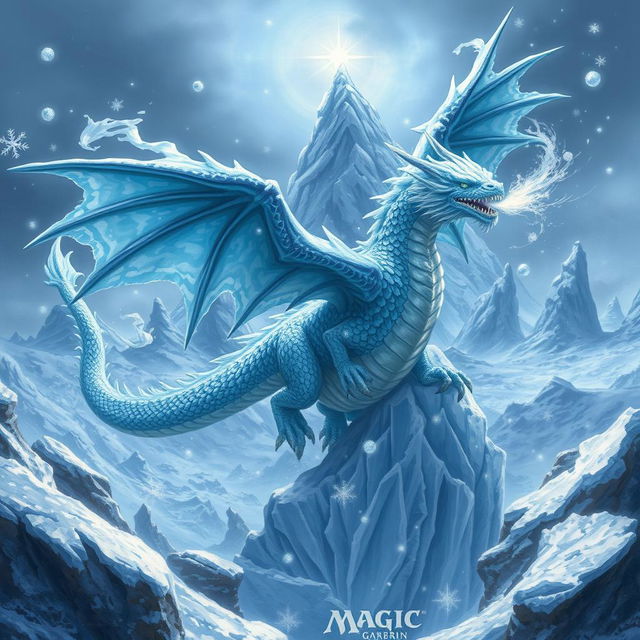 A magical ice dragon hovering majestically over a frozen landscape, surrounded by swirling snowflakes and icicles glistening in the cold light