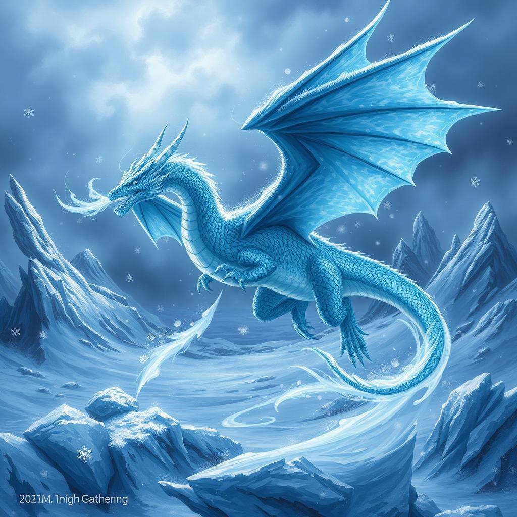 A magical ice dragon hovering majestically over a frozen landscape, surrounded by swirling snowflakes and icicles glistening in the cold light