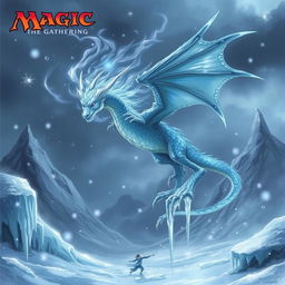 A magical ice dragon hovering majestically over a frozen landscape, surrounded by swirling snowflakes and icicles glistening in the cold light