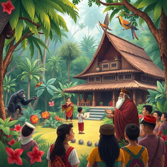 A beautifully illustrated scene depicting a traditional Dayak story from Kalimantan Barat, showcasing the rich cultural heritage