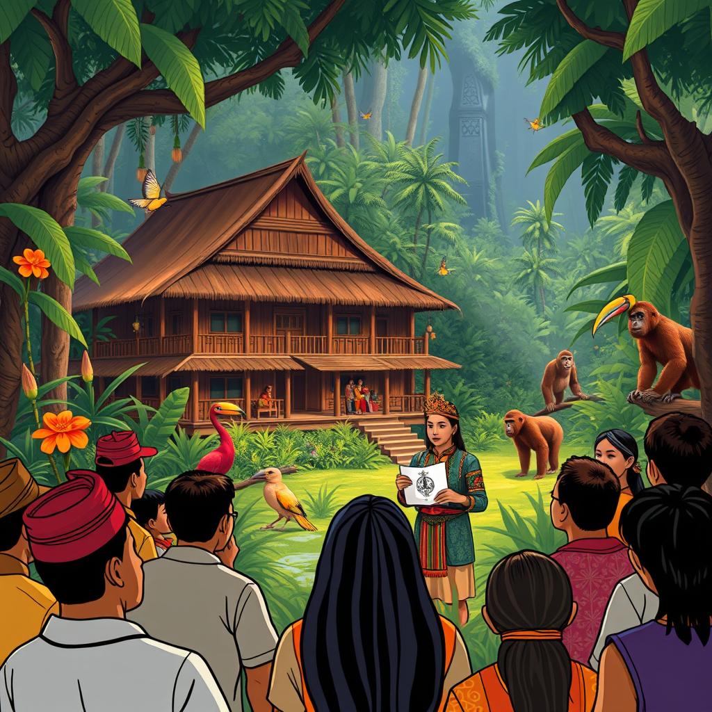 A beautifully illustrated scene depicting a traditional Dayak story from Kalimantan Barat, showcasing the rich cultural heritage