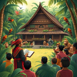 A beautifully illustrated scene depicting a traditional Dayak story from Kalimantan Barat, showcasing the rich cultural heritage