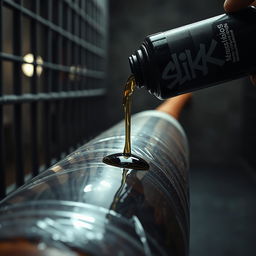 A dramatic close-up of a large black baseball bat wrapped in clear plastic, set against the backdrop of a dimly lit prison cell