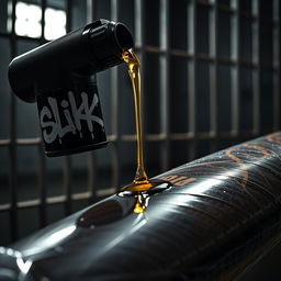 A dramatic close-up of a large black baseball bat wrapped in clear plastic, set against the backdrop of a dimly lit prison cell