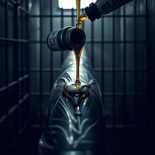 A dramatic close-up of a large black baseball bat wrapped in clear plastic, set against the backdrop of a dimly lit prison cell