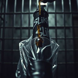 A dramatic close-up of a large black baseball bat wrapped in clear plastic, set against the backdrop of a dimly lit prison cell