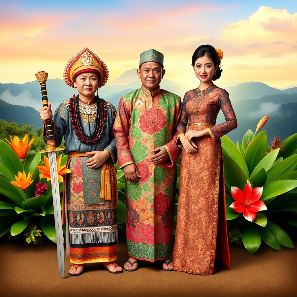 A vibrant and culturally rich scene showcasing three characters representing the Dayak, Malay, and Chinese cultures of Kalimantan Barat