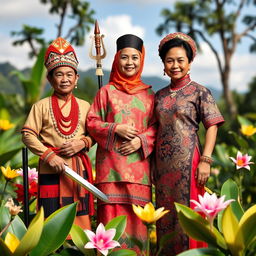 A vibrant and culturally rich scene showcasing three characters representing the Dayak, Malay, and Chinese cultures of Kalimantan Barat