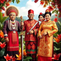 A vibrant and culturally rich scene showcasing three characters representing the Dayak, Malay, and Chinese cultures of Kalimantan Barat