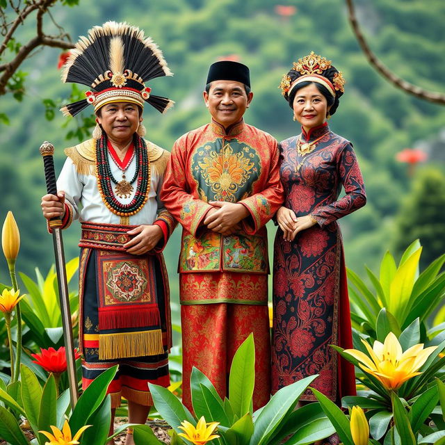 A vibrant and culturally rich scene showcasing three characters representing the Dayak, Malay, and Chinese cultures of Kalimantan Barat