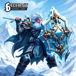 A powerful warrior character from a trading card game, clad in detailed, ornate armor with icy blue accents