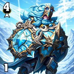 A powerful warrior character from a trading card game, clad in detailed, ornate armor with icy blue accents