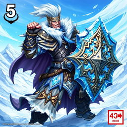 A powerful warrior character from a trading card game, clad in detailed, ornate armor with icy blue accents