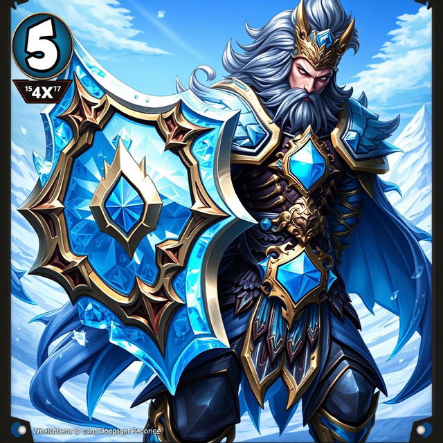 A powerful warrior character from a trading card game, clad in detailed, ornate armor with icy blue accents