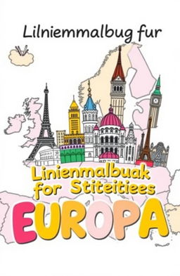 A colorful and artistic cover design for a coloring book focused on famous cities in Europe