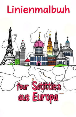 A colorful and artistic cover design for a coloring book focused on famous cities in Europe