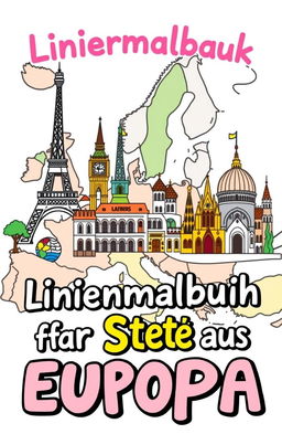 A colorful and artistic cover design for a coloring book focused on famous cities in Europe