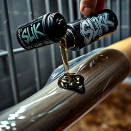 A close-up view of a large black baseball bat wrapped in clear plastic