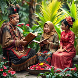 A captivating scene depicting a storytelling gathering featuring three characters dressed in traditional attire from the Dayak, Malay, and Chinese cultures of Kalimantan Barat