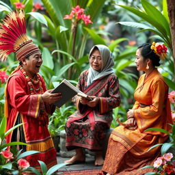 A captivating scene depicting a storytelling gathering featuring three characters dressed in traditional attire from the Dayak, Malay, and Chinese cultures of Kalimantan Barat