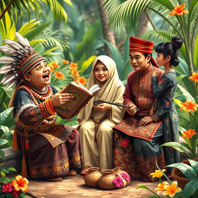 A captivating scene depicting a storytelling gathering featuring three characters dressed in traditional attire from the Dayak, Malay, and Chinese cultures of Kalimantan Barat