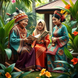 A captivating scene depicting a storytelling gathering featuring three characters dressed in traditional attire from the Dayak, Malay, and Chinese cultures of Kalimantan Barat