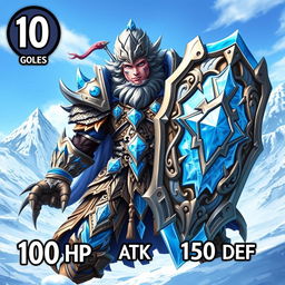 A powerful warrior character from a trading card game, clad in intricate, ornate armor with icy blue accents