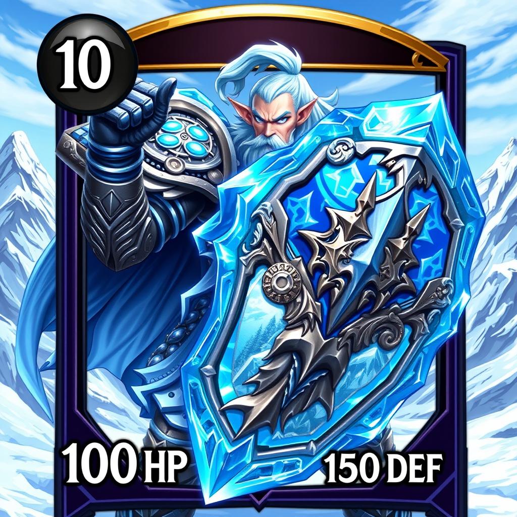 A powerful warrior character from a trading card game, clad in intricate, ornate armor with icy blue accents