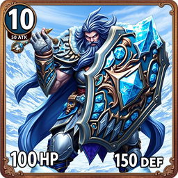 A powerful warrior character from a trading card game, clad in intricate, ornate armor with icy blue accents