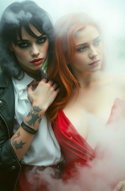 Two girls in a misty atmosphere, one has dark hair, dark eyes, light and tattooed skin, embodying a dark aesthetic, wearing a white blouse and a black leather jacket, with her hand on the neck of the second girl