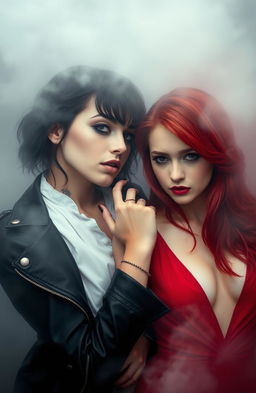 Two girls in a misty atmosphere, one has dark hair, dark eyes, light and tattooed skin, embodying a dark aesthetic, wearing a white blouse and a black leather jacket, with her hand on the neck of the second girl