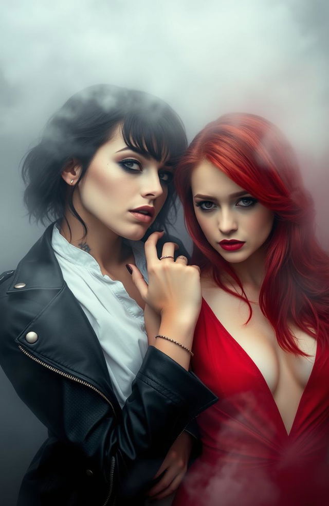 Two girls in a misty atmosphere, one has dark hair, dark eyes, light and tattooed skin, embodying a dark aesthetic, wearing a white blouse and a black leather jacket, with her hand on the neck of the second girl