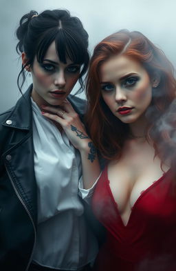 Two girls in a misty atmosphere, one has dark hair, dark eyes, light and tattooed skin, embodying a dark aesthetic, wearing a white blouse and a black leather jacket, with her hand on the neck of the second girl