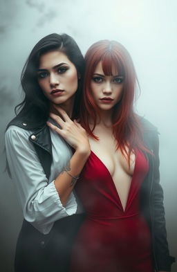 Two girls in a misty atmosphere, one has dark hair, dark eyes, light and tattooed skin, embodying a dark aesthetic, wearing a white blouse and a black leather jacket, with her hand on the neck of the second girl