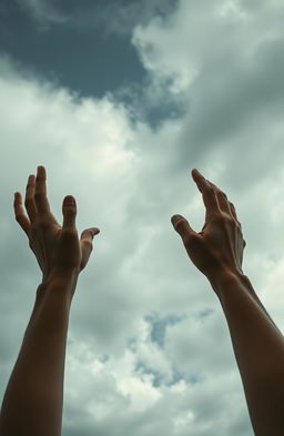 An evocative image of human hands reaching upward toward a dense and dramatic cloudy sky, with some fingers grasping at the air