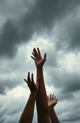 An evocative image of human hands reaching upward toward a dense and dramatic cloudy sky, with some fingers grasping at the air