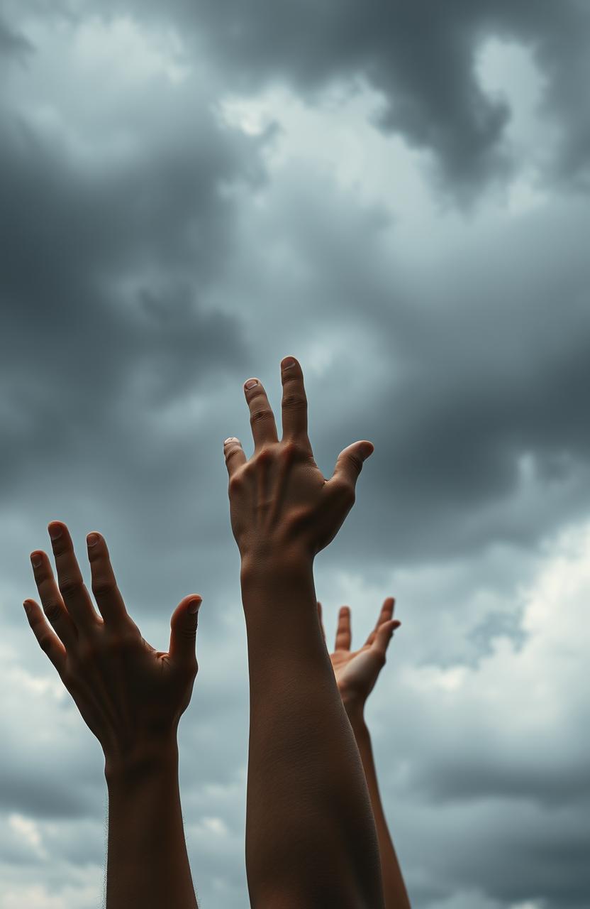 An evocative image of human hands reaching upward toward a dense and dramatic cloudy sky, with some fingers grasping at the air