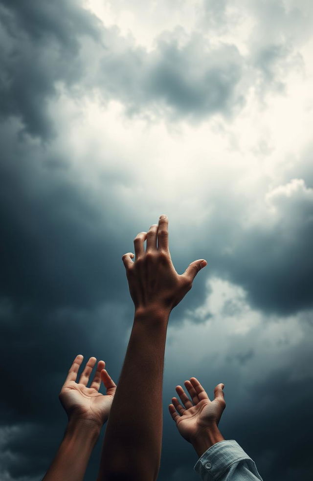 An evocative image of human hands reaching upward toward a dense and dramatic cloudy sky, with some fingers grasping at the air