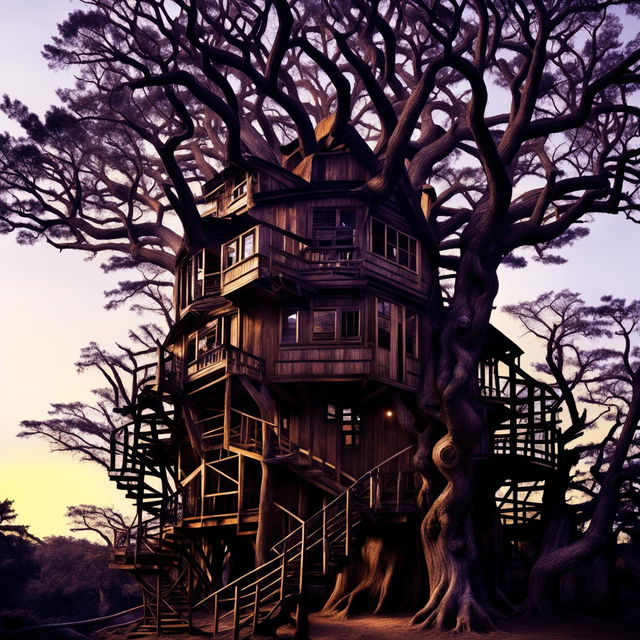 A towering structure crafted from a massive oak tree with various levels shaped from its branches. The image is captured in twilight's soft glow.